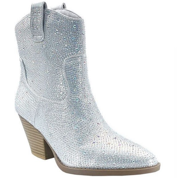 New Women Silver Blingy Rhinestone Cowboy Western Ankle Boots Booties - Picture 3 of 4